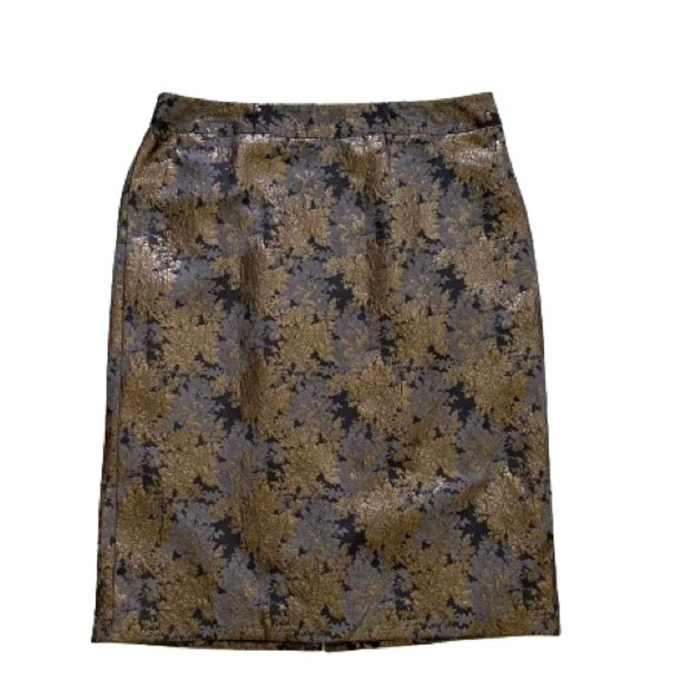 Liz Claiborne Career Skirt Gray Gold Metallic Jacquard Midi Dressy Skirt Size 14